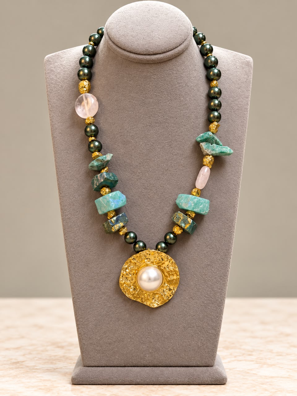 Boho Raw Stone & Pearl Statement Necklace